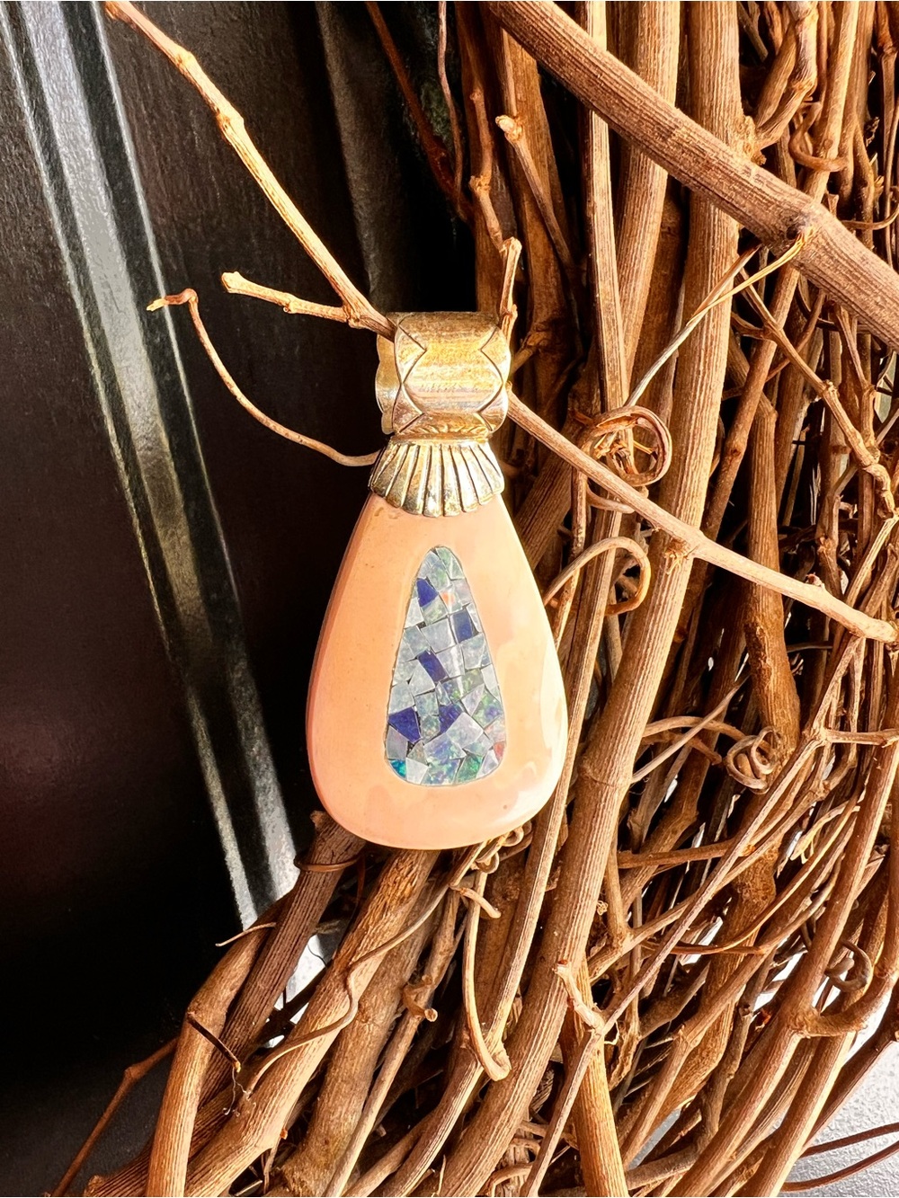 Jay King DTR mine finds 825 Pink Coral Teardrop Pendant with Blue Mosaic Inlay